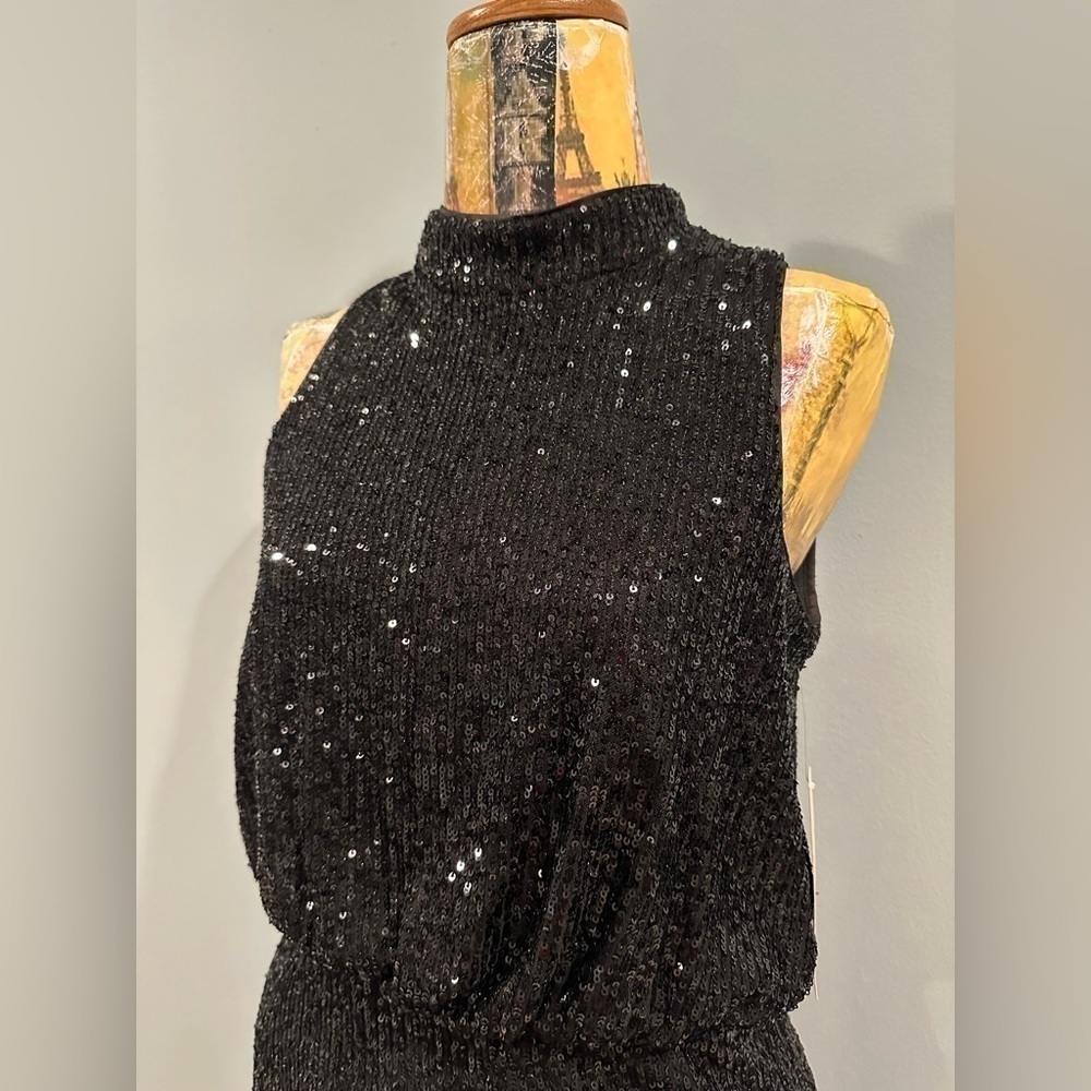 Eliza J Mock Neck Feather Hem Blouson Waist Sequin Sleeveless dress black 8P NWT - Picture 4 of 13